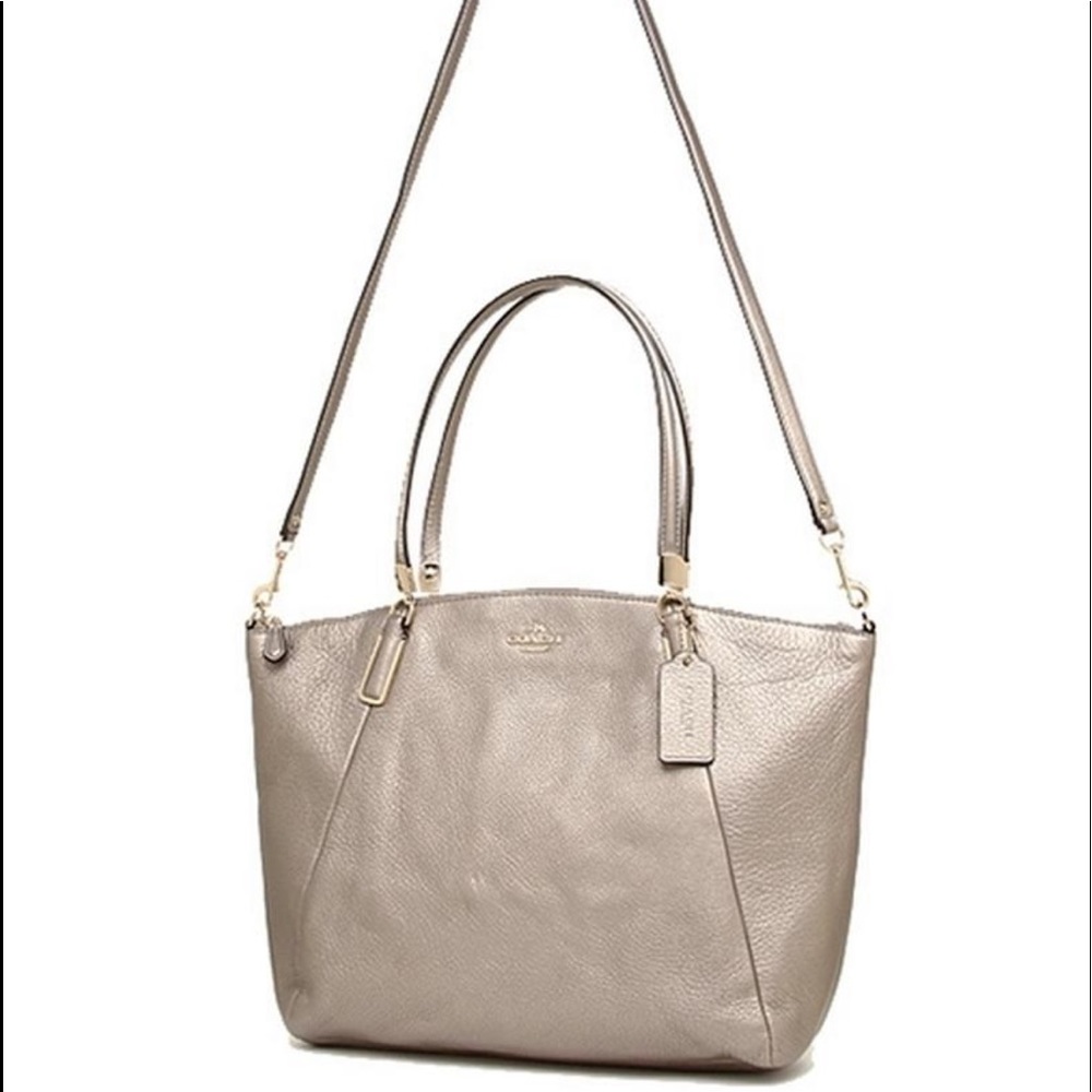 RARE Authentic Coach Large Pebbled Leather Light Gold Metallic Cross Body Bag